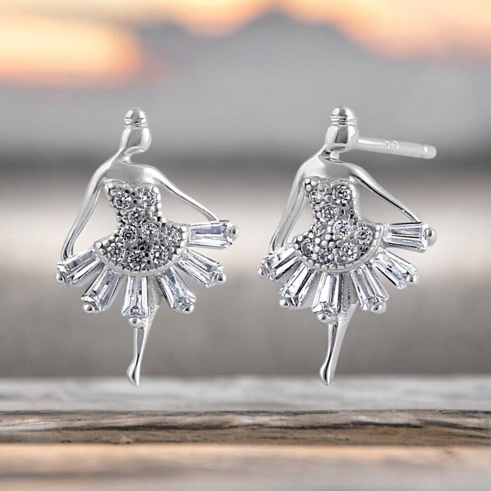 NEW 925 Sterling Silver Ballerina Stud Earrings with Clear Cubic Zirconia Stones